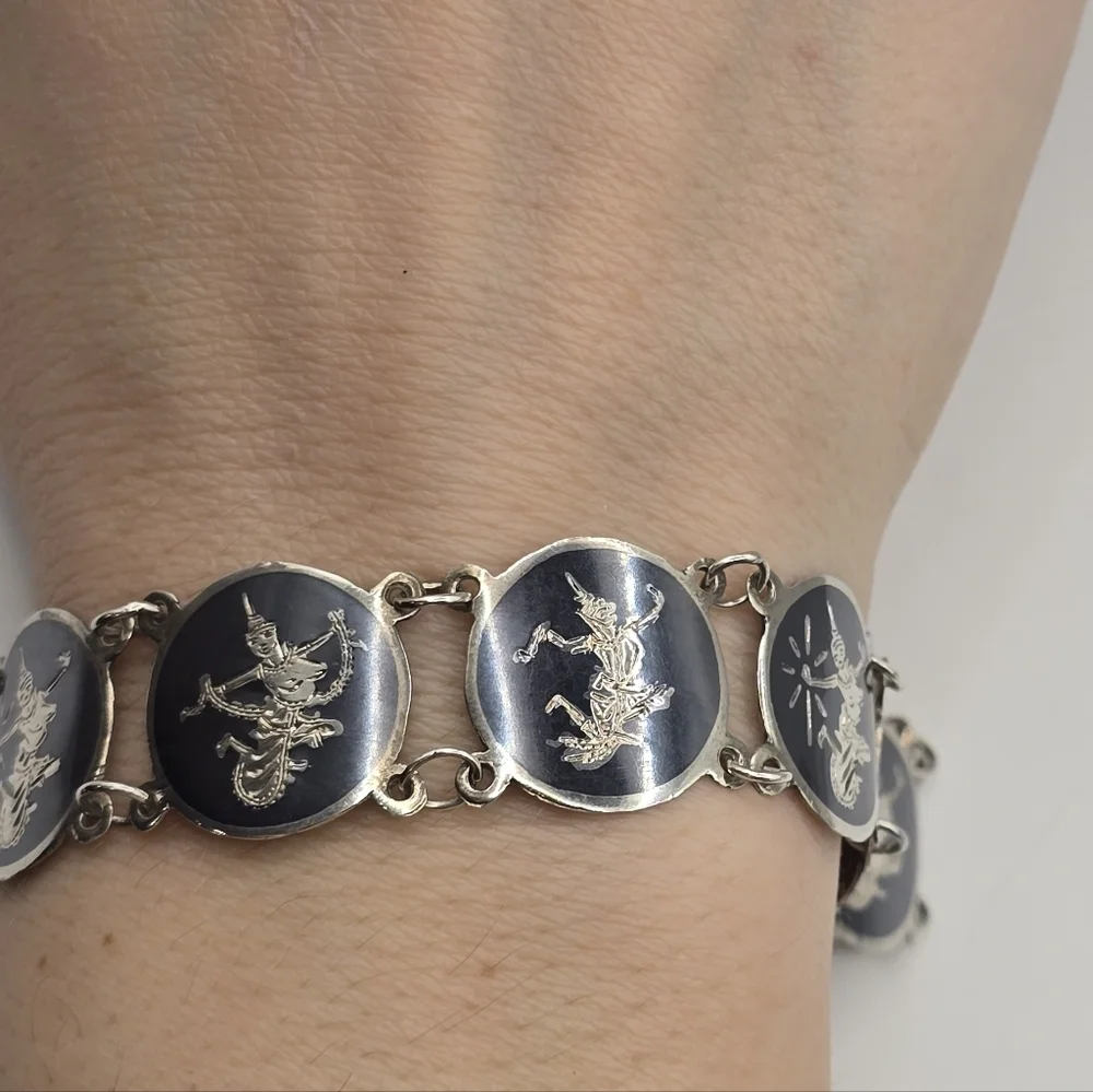 Vintage 1950s Siam Niello Sterling Silver Siam Dancer Fan linked bracelet